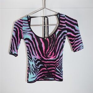 VERSACE ANIMAL PRINT ZEBRA Y2K PINK BLUE TOP WITH OPEN BACK AND BOW